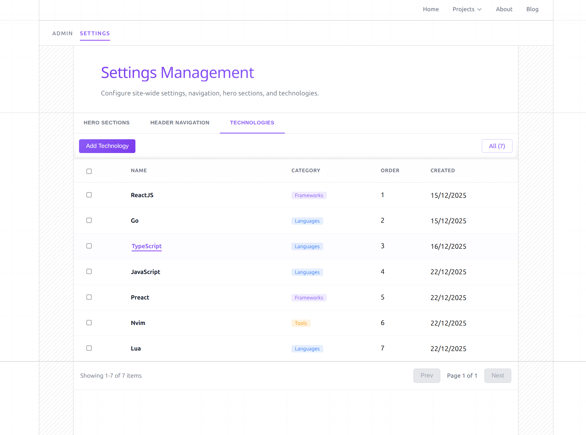Portfolio admin - settings