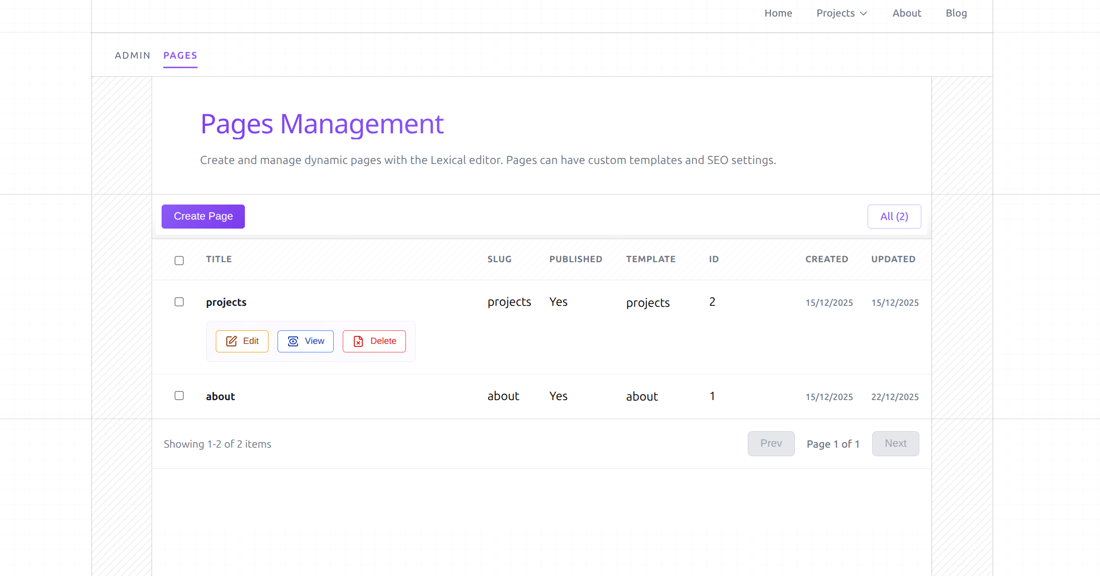 Portfolio admin - page management